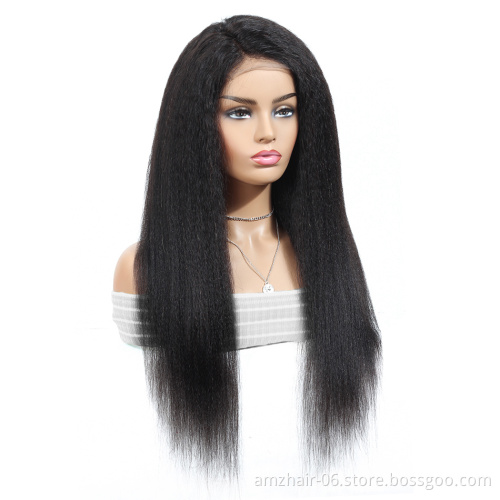Amzhair 28 30 Inch Yaki Kinky Straight Lace Wig Brazilian Remy Human Hair Pre Plucked Swiss 4X4 Lace Closure Wig For Black Women